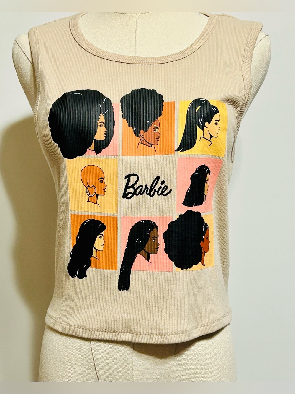 Mattel Barbie Ribbed Tank Top - Black Logo on Cream